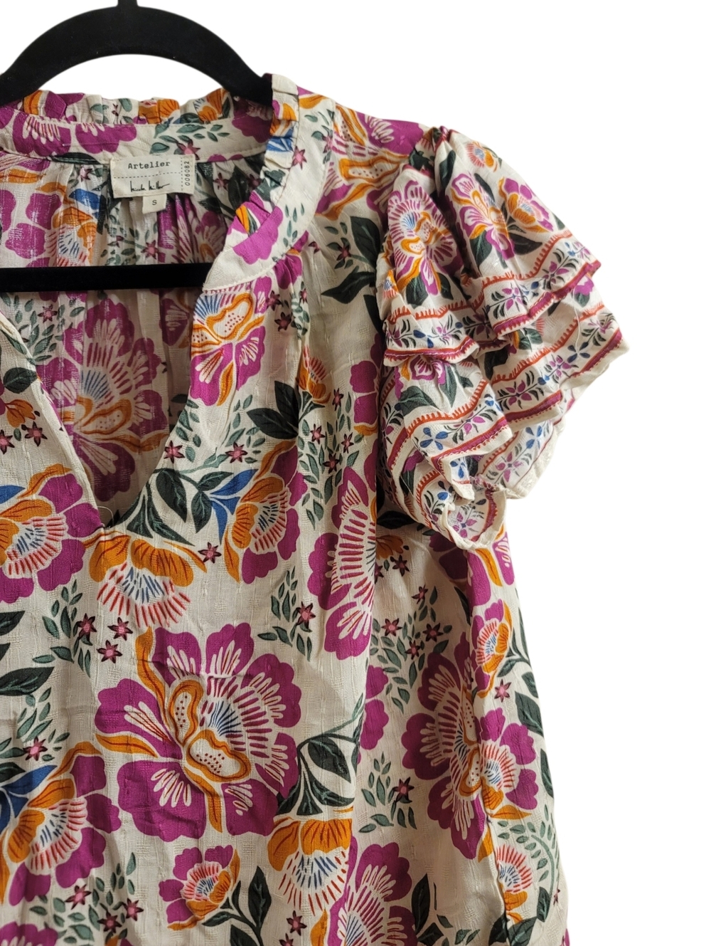EUC Artlier Nicole Miller Tropical Floral Ruffle-Sleeve Blouse - Pink Multi - Picture 3 of 7